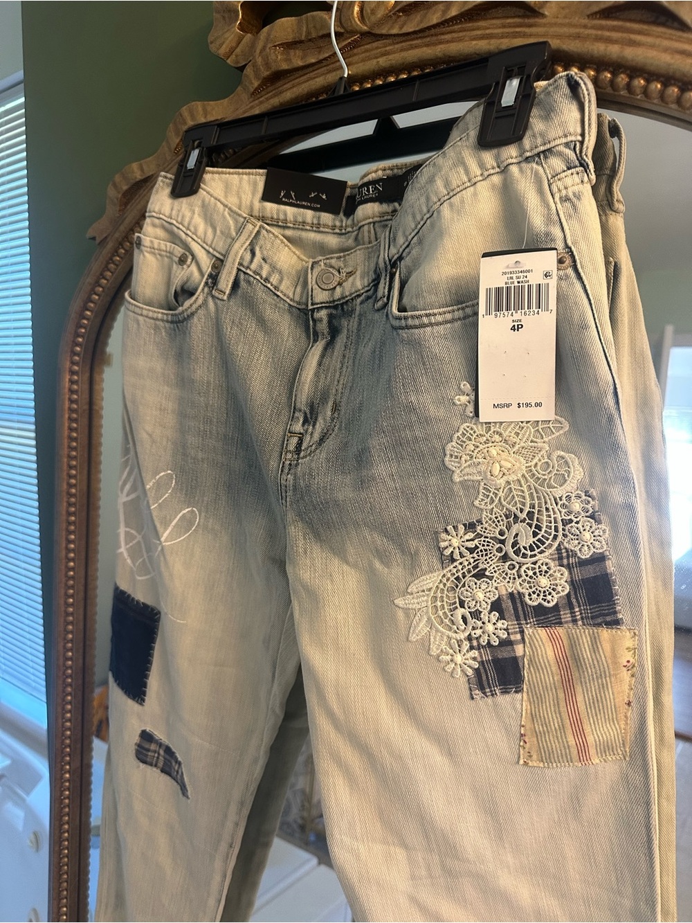 Ralph Lauren Light Blue Straight-Leg Jeans with Lace & Plaid Patchwork